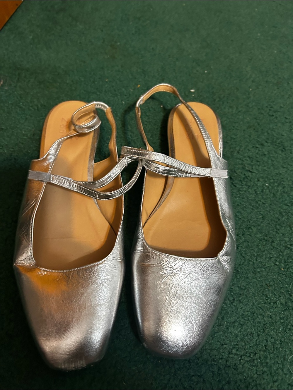 Women’s Silver Slingback Flats - Metallic Square Toe